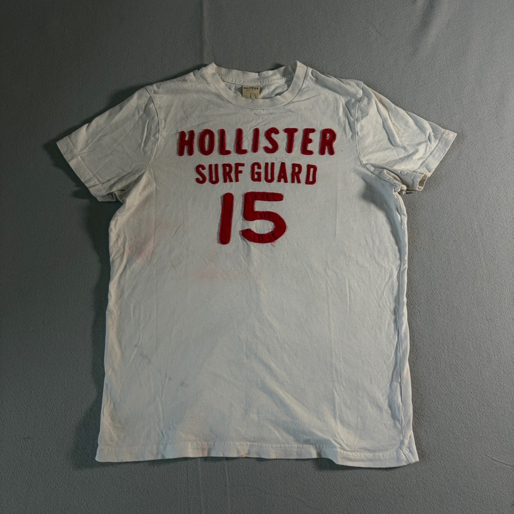Hollister Surf Guard 15 Graphic T-Shirt‎ Mens Large White Red Distressed Stained